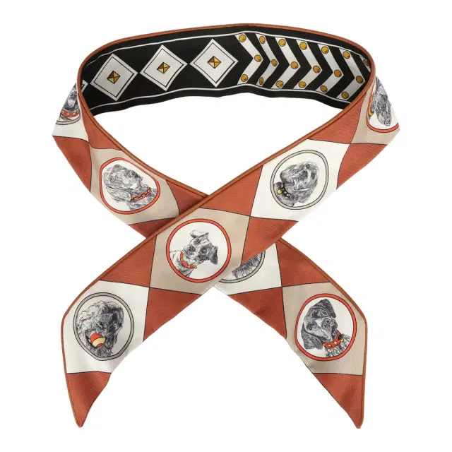 Hermes "Colliers et Chiens Forever" Black, Blanc, Caramel Leather Trim Silk Twilly Hermes "Colliers et Chiens Forever" Black, Blanc, Caramel Leather Trim Silk Twilly