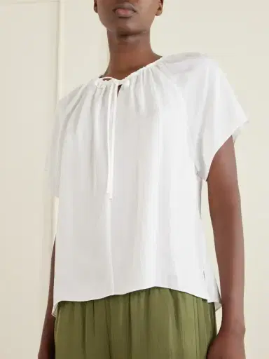 Theory Tie-detailed Ruched Crepon Blouse | Thumbnail 4 Theory Tie-detailed Ruched Crepon Blouse | Thumbnail 4