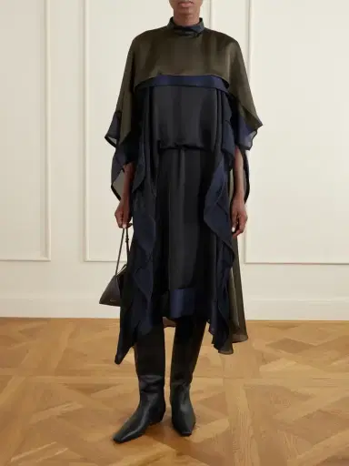 Sacai Satin Chiffon-trimmed Midi Dress | Thumbnail 2 Sacai Satin Chiffon-trimmed Midi Dress | Thumbnail 2