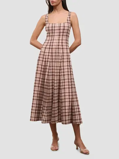 Staud Women's Wells Plaid Linen-Blend Midi Dress | Thumbnail 2 Staud Women's Wells Plaid Linen-Blend Midi Dress | Thumbnail 2