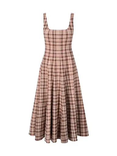 Staud Women's Wells Plaid Linen-Blend Midi Dress | Thumbnail 1 Staud Women's Wells Plaid Linen-Blend Midi Dress | Thumbnail 1