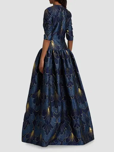Reem Acra Women's Lamé Brocade Dropped Waist Gown - Navy - Size 4 | Thumbnail 5 Reem Acra Women's Lamé Brocade Dropped Waist Gown - Navy - Size 4 | Thumbnail 5