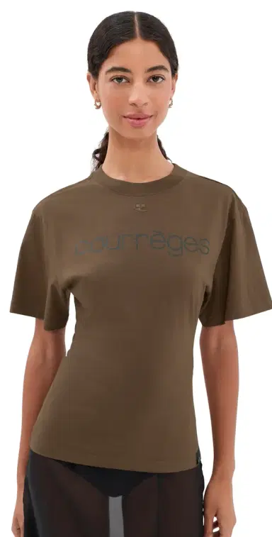 Courrèges Logo Print Waisted T-Shirt moky Brown/Black | Thumbnail 1 Courrèges Logo Print Waisted T-Shirt moky Brown/Black | Thumbnail 1