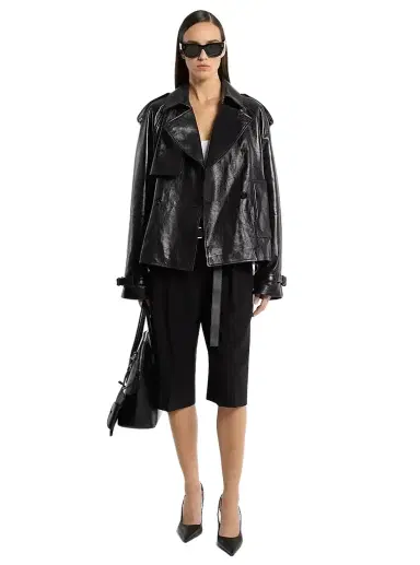 Michael Kors Collection Oversized Leather Cropped Trench Coat | Thumbnail 1 Michael Kors Collection Oversized Leather Cropped Trench Coat | Thumbnail 1