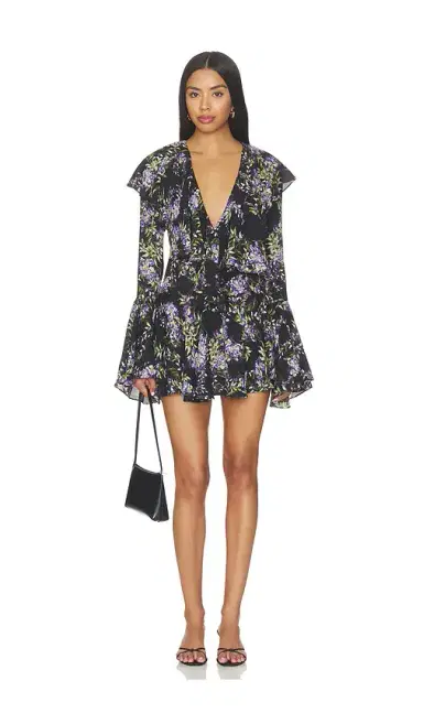 Norma Kamali Long Sleeve Deep V Ruffle Mini Dress | Thumbnail 1 Norma Kamali Long Sleeve Deep V Ruffle Mini Dress | Thumbnail 1
