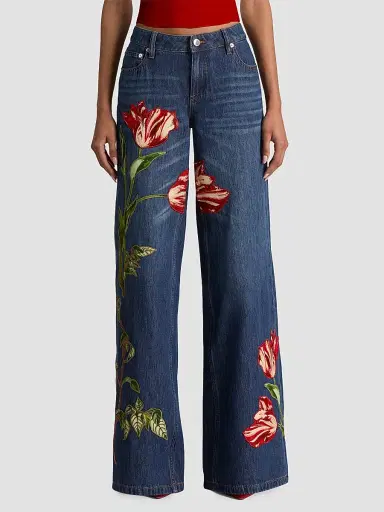 ALICE + OLIVIA Women's Amazing Embroidered Appliqué Baggy Low-Rise Jeans - Freyja Blue Soft Tulip | Thumbnail 4 ALICE + OLIVIA Women's Amazing Embroidered Appliqué Baggy Low-Rise Jeans - Freyja Blue Soft Tulip | Thumbnail 4