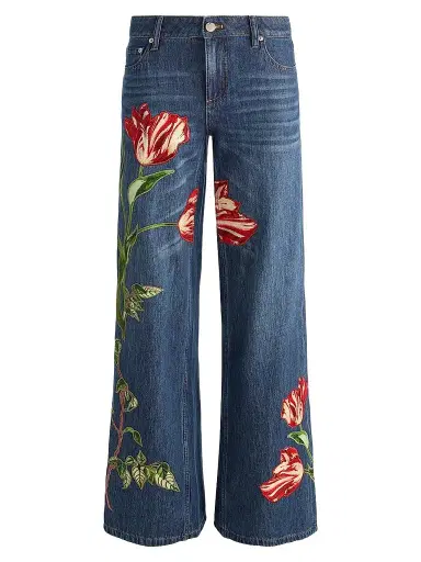 ALICE + OLIVIA Women's Amazing Embroidered Appliqué Baggy Low-Rise Jeans - Freyja Blue Soft Tulip | Thumbnail 1 ALICE + OLIVIA Women's Amazing Embroidered Appliqué Baggy Low-Rise Jeans - Freyja Blue Soft Tulip | Thumbnail 1