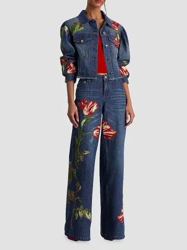ALICE + OLIVIA Women's Elijah Embroidered Appliqué Crop Denim Jacket - Freyja Blue Soft Tulip | Thumbnail 2 ALICE + OLIVIA Women's Elijah Embroidered Appliqué Crop Denim Jacket - Freyja Blue Soft Tulip | Thumbnail 2