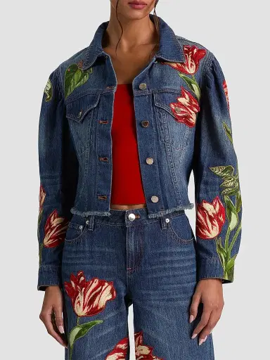 ALICE + OLIVIA Women's Elijah Embroidered Appliqué Crop Denim Jacket - Freyja Blue Soft Tulip | Thumbnail 4 ALICE + OLIVIA Women's Elijah Embroidered Appliqué Crop Denim Jacket - Freyja Blue Soft Tulip | Thumbnail 4