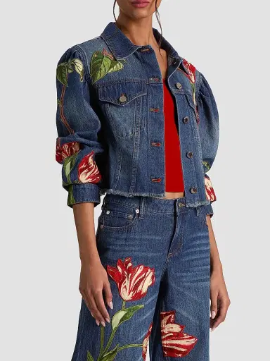 ALICE + OLIVIA Women's Elijah Embroidered Appliqué Crop Denim Jacket - Freyja Blue Soft Tulip | Thumbnail 6 ALICE + OLIVIA Women's Elijah Embroidered Appliqué Crop Denim Jacket - Freyja Blue Soft Tulip | Thumbnail 6