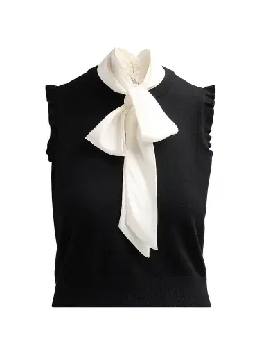 Cinq à Sept Women's Chiara Contrast Tieneck Top - Black Gardenia | Thumbnail 1 Cinq à Sept Women's Chiara Contrast Tieneck Top - Black Gardenia | Thumbnail 1