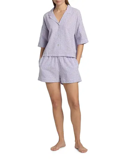 Papinelle Women's Seersucker Gingham Boxer Pajamas - Soft Lavender | Thumbnail 2 Papinelle Women's Seersucker Gingham Boxer Pajamas - Soft Lavender | Thumbnail 2