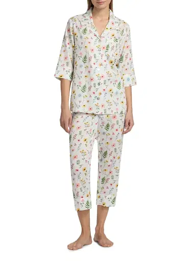 Papinelle Women's Elodie Wildflower Cotton Crop Pajamas - White | Thumbnail 2 Papinelle Women's Elodie Wildflower Cotton Crop Pajamas - White | Thumbnail 2