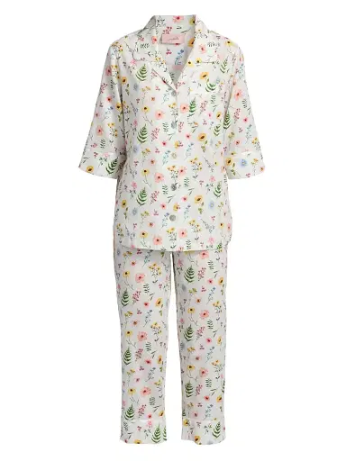 Papinelle Women's Elodie Wildflower Cotton Crop Pajamas - White | Thumbnail 1 Papinelle Women's Elodie Wildflower Cotton Crop Pajamas - White | Thumbnail 1