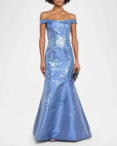 Rene Ruiz Collection Off-the-Shoulder Brocade Fit & Flare Gown | Thumbnail 2 Rene Ruiz Collection Off-the-Shoulder Brocade Fit & Flare Gown | Thumbnail 2