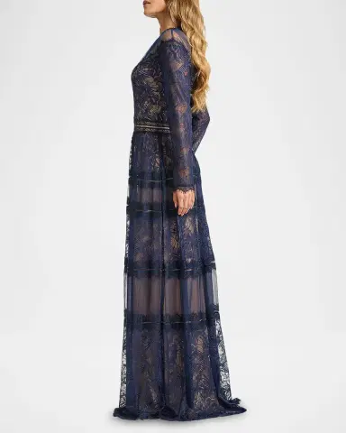 Tadashi Shoji Debore Orchid Illusion Long-Sleeve Gown | Thumbnail 5 Tadashi Shoji Debore Orchid Illusion Long-Sleeve Gown | Thumbnail 5