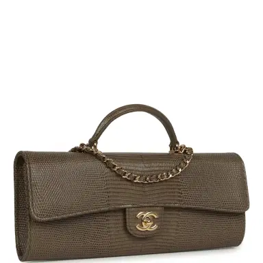 Chanel Chanel Long Top Handle Clutch with Chain Dark Khaki Lizard Embossed Calfskin Gold Hardware | Thumbnail 2 Chanel Chanel Long Top Handle Clutch with Chain Dark Khaki Lizard Embossed Calfskin Gold Hardware | Thumbnail 2