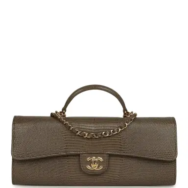 Chanel Chanel Long Top Handle Clutch with Chain Dark Khaki Lizard Embossed Calfskin Gold Hardware | Thumbnail 1 Chanel Chanel Long Top Handle Clutch with Chain Dark Khaki Lizard Embossed Calfskin Gold Hardware | Thumbnail 1