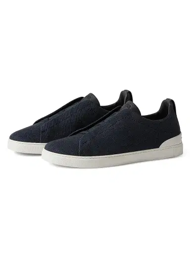 ZEGNA Men's Cotton Linen and Leather Triple Stitch Sneakers - Navy Blue | Thumbnail 2 ZEGNA Men's Cotton Linen and Leather Triple Stitch Sneakers - Navy Blue | Thumbnail 2