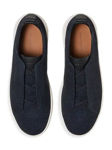 ZEGNA Men's Cotton Linen and Leather Triple Stitch Sneakers - Navy Blue | Thumbnail 3 ZEGNA Men's Cotton Linen and Leather Triple Stitch Sneakers - Navy Blue | Thumbnail 3