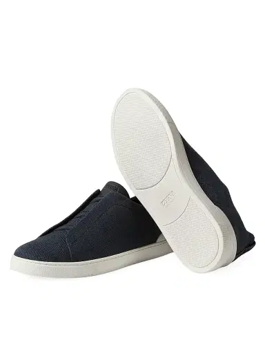 ZEGNA Men's Cotton Linen and Leather Triple Stitch Sneakers - Navy Blue | Thumbnail 4 ZEGNA Men's Cotton Linen and Leather Triple Stitch Sneakers - Navy Blue | Thumbnail 4