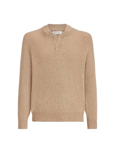 Brunello Cucinelli Men's Cashmere English Rib Sweater with Henley Collar | Thumbnail 1 Brunello Cucinelli Men's Cashmere English Rib Sweater with Henley Collar | Thumbnail 1