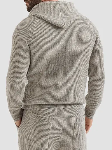 Brunello Cucinelli Men's Cashmere English Rib Hooded Knit Sweatshirt - Stone Grey | Thumbnail 3 Brunello Cucinelli Men's Cashmere English Rib Hooded Knit Sweatshirt - Stone Grey | Thumbnail 3