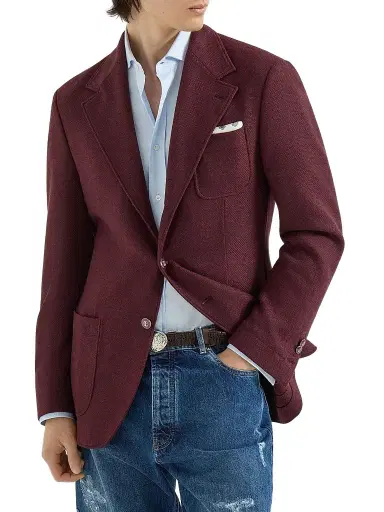 Brunello Cucinelli Men's Cashmere Panama Deconstructed Blazer - Burgundy | Thumbnail 1 Brunello Cucinelli Men's Cashmere Panama Deconstructed Blazer - Burgundy | Thumbnail 1