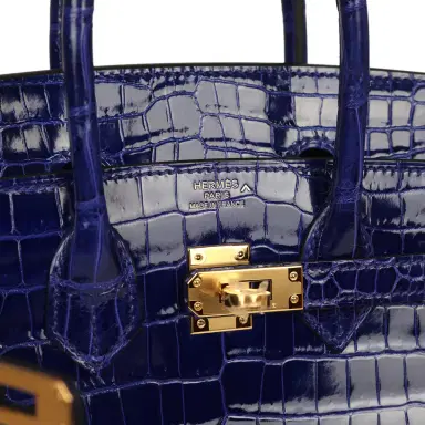 HERMÈS Hermes Birkin 25 Bleu Electric Shiny Porosus Crocodile Gold Hardware | Thumbnail 7 HERMÈS Hermes Birkin 25 Bleu Electric Shiny Porosus Crocodile Gold Hardware | Thumbnail 7