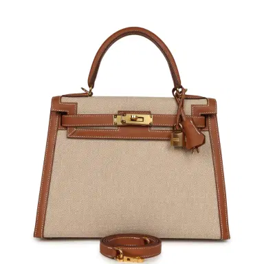 HERMÈS Pre-owned Hermes Kelly Sellier 28 Ecru-Beige Toile H Canvas, Gold Swift Gold Hardware | Thumbnail 1 HERMÈS Pre-owned Hermes Kelly Sellier 28 Ecru-Beige Toile H Canvas, Gold Swift Gold Hardware | Thumbnail 1