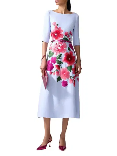 Carolina Herrera Women's Embroidered Boatneck Elbow-Sleeve Midi-Dress - Celeste Multi | Thumbnail 2 Carolina Herrera Women's Embroidered Boatneck Elbow-Sleeve Midi-Dress - Celeste Multi | Thumbnail 2