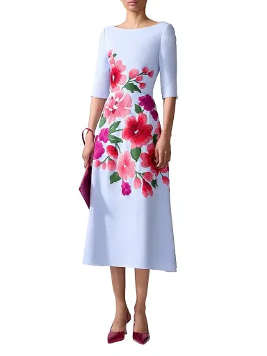 Carolina Herrera Women's Embroidered Boatneck Elbow-Sleeve Midi-Dress - Celeste Multi | Thumbnail 3 Carolina Herrera Women's Embroidered Boatneck Elbow-Sleeve Midi-Dress - Celeste Multi | Thumbnail 3