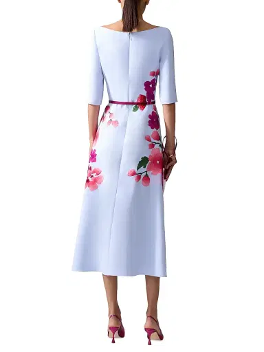 Carolina Herrera Women's Embroidered Boatneck Elbow-Sleeve Midi-Dress - Celeste Multi | Thumbnail 4 Carolina Herrera Women's Embroidered Boatneck Elbow-Sleeve Midi-Dress - Celeste Multi | Thumbnail 4