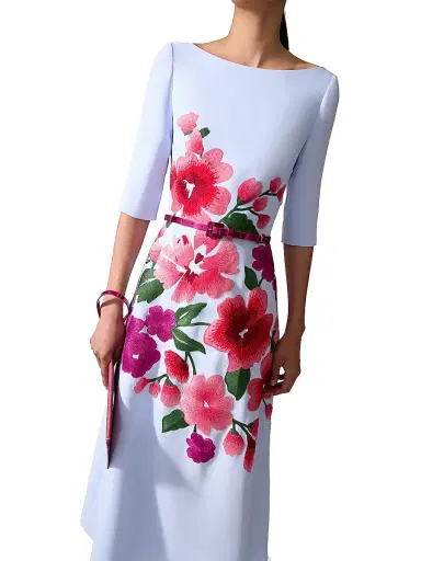 Carolina Herrera Women's Embroidered Boatneck Elbow-Sleeve Midi-Dress - Celeste Multi | Thumbnail 5 Carolina Herrera Women's Embroidered Boatneck Elbow-Sleeve Midi-Dress - Celeste Multi | Thumbnail 5