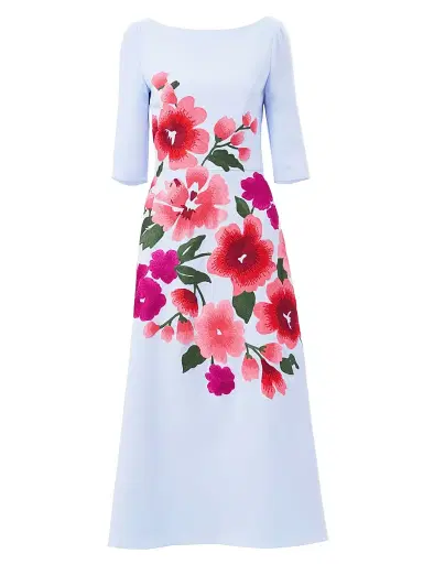 Carolina Herrera Women's Embroidered Boatneck Elbow-Sleeve Midi-Dress - Celeste Multi | Thumbnail 1 Carolina Herrera Women's Embroidered Boatneck Elbow-Sleeve Midi-Dress - Celeste Multi | Thumbnail 1