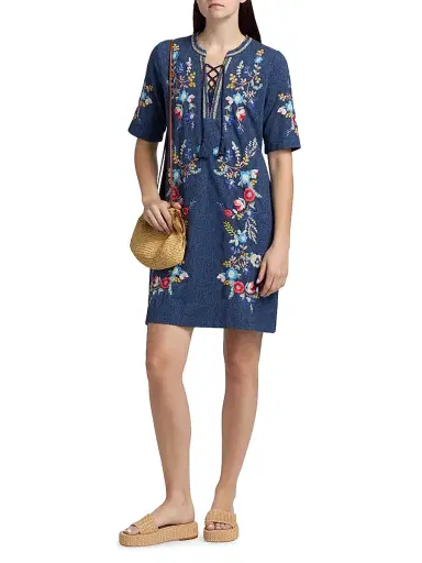Johnny Was Women's Floral-Embroidered Cotton Lace-Up Minidress - Elowen Denim | Thumbnail 2 Johnny Was Women's Floral-Embroidered Cotton Lace-Up Minidress - Elowen Denim | Thumbnail 2