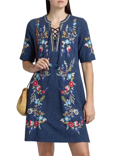 Johnny Was Women's Floral-Embroidered Cotton Lace-Up Minidress - Elowen Denim | Thumbnail 3 Johnny Was Women's Floral-Embroidered Cotton Lace-Up Minidress - Elowen Denim | Thumbnail 3