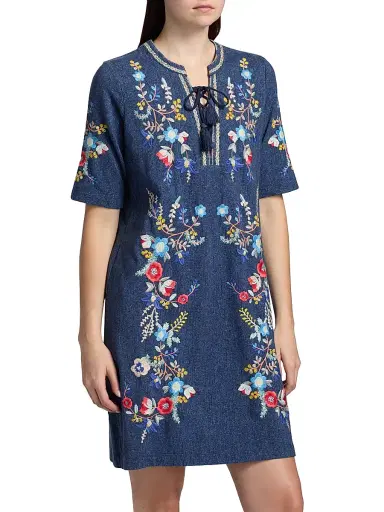 Johnny Was Women's Floral-Embroidered Cotton Lace-Up Minidress - Elowen Denim | Thumbnail 4 Johnny Was Women's Floral-Embroidered Cotton Lace-Up Minidress - Elowen Denim | Thumbnail 4