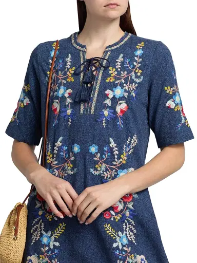 Johnny Was Women's Floral-Embroidered Cotton Lace-Up Minidress - Elowen Denim | Thumbnail 6 Johnny Was Women's Floral-Embroidered Cotton Lace-Up Minidress - Elowen Denim | Thumbnail 6