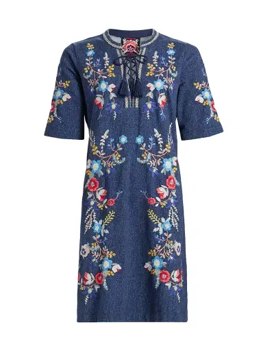 Johnny Was Women's Floral-Embroidered Cotton Lace-Up Minidress - Elowen Denim | Thumbnail 1 Johnny Was Women's Floral-Embroidered Cotton Lace-Up Minidress - Elowen Denim | Thumbnail 1