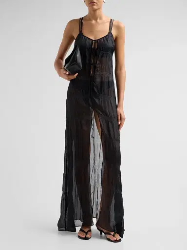 Kiki de Montparnasse Women's Smocked Silk Tie Maxi Gown - Black - Size Large | Thumbnail 2 Kiki de Montparnasse Women's Smocked Silk Tie Maxi Gown - Black - Size Large | Thumbnail 2