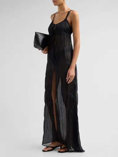 Kiki de Montparnasse Women's Smocked Silk Tie Maxi Gown - Black - Size Large | Thumbnail 4 Kiki de Montparnasse Women's Smocked Silk Tie Maxi Gown - Black - Size Large | Thumbnail 4