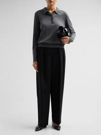 Loulou de Saison Women's Miles Cashmere Long-Sleeve Polo Top - Anthracite Melange | Thumbnail 2 Loulou de Saison Women's Miles Cashmere Long-Sleeve Polo Top - Anthracite Melange | Thumbnail 2