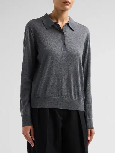 Loulou de Saison Women's Miles Cashmere Long-Sleeve Polo Top - Anthracite Melange | Thumbnail 4 Loulou de Saison Women's Miles Cashmere Long-Sleeve Polo Top - Anthracite Melange | Thumbnail 4
