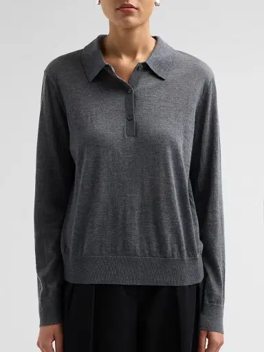 Loulou de Saison Women's Miles Cashmere Long-Sleeve Polo Top - Anthracite Melange | Thumbnail 5 Loulou de Saison Women's Miles Cashmere Long-Sleeve Polo Top - Anthracite Melange | Thumbnail 5