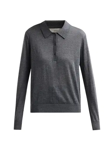 Loulou de Saison Women's Miles Cashmere Long-Sleeve Polo Top - Anthracite Melange | Thumbnail 1 Loulou de Saison Women's Miles Cashmere Long-Sleeve Polo Top - Anthracite Melange | Thumbnail 1