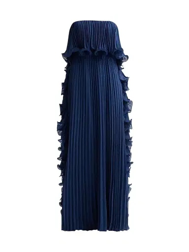 Badgley Mischka Women's Ruffle Pleated Chiffon Strapless Gown - Slate Blue | Thumbnail 1 Badgley Mischka Women's Ruffle Pleated Chiffon Strapless Gown - Slate Blue | Thumbnail 1