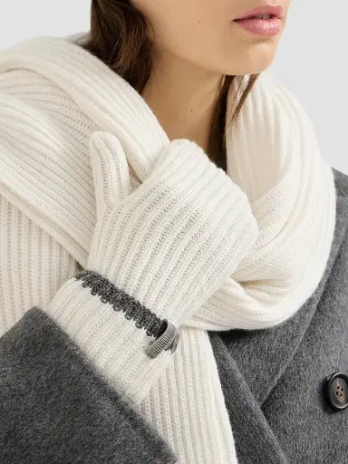 Brunello Cucinelli Women's Cashmere English Rib Knit Mittens with Monili - Panama | Thumbnail 2 Brunello Cucinelli Women's Cashmere English Rib Knit Mittens with Monili - Panama | Thumbnail 2