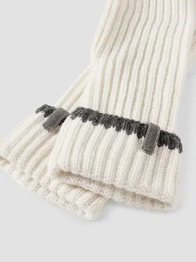 Brunello Cucinelli Women's Cashmere English Rib Knit Mittens with Monili - Panama | Thumbnail 3 Brunello Cucinelli Women's Cashmere English Rib Knit Mittens with Monili - Panama | Thumbnail 3