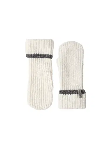 Brunello Cucinelli Women's Cashmere English Rib Knit Mittens with Monili - Panama | Thumbnail 1 Brunello Cucinelli Women's Cashmere English Rib Knit Mittens with Monili - Panama | Thumbnail 1